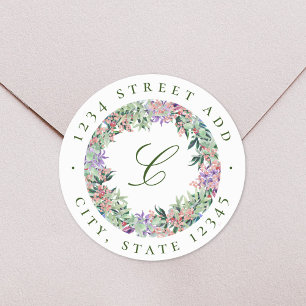 Üppiger Blumenkranz-Monogramm-Rücksendeadresse Runder Aufkleber