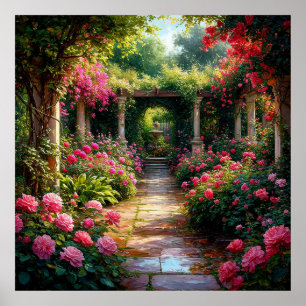 Üppiger Gartenweg mit Rosensträuchern Poster