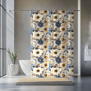 Üppiger Navy-Blauer Elfenbein-Blumen-Boho-Hausvorh Duschvorhang