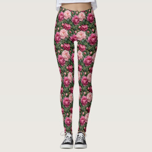 Üppiger Pfingstrosen- und Grünpflanzen-Druck Leggings