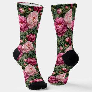 Üppiger Pfingstrosen- und Grünpflanzen-Druck Socken
