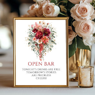 Üppiges Marine-Rot Herbst-Blumen-Open-Bar-Hochzeit Poster
