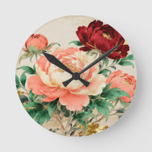 Üppiges Pfingstrosen-Blumenbouquet Runde Wanduhr