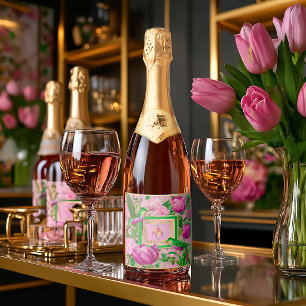 Üppiges Rosa Grün Botanisches Soirée-Getränk Schaumweinetikett
