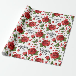 Üppiges rotes Rosenmuster mit verstreuten Herzblüt Geschenkpapier
