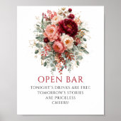 Üppiges Tiefrotes Boho-Blumen-Open-Bar-8x10-Schild Poster (Vorne)