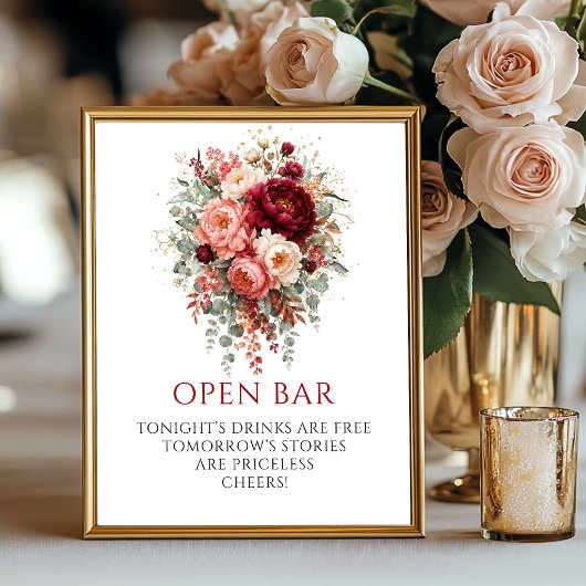 Üppiges Tiefrotes Boho-Blumen-Open-Bar-8x10-Schild Poster