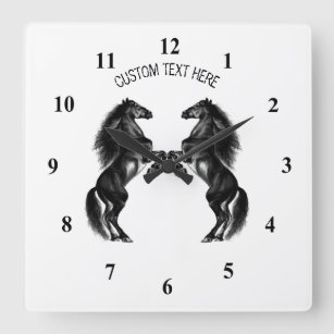 Upright Black Wild Horses Clock Your Text / Color Quadratische Wanduhr