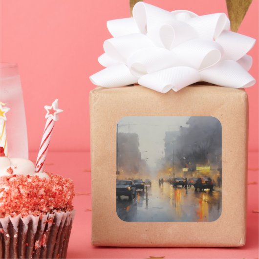 Urban Abend Rain Szene Quadratischer Aufkleber (Party)