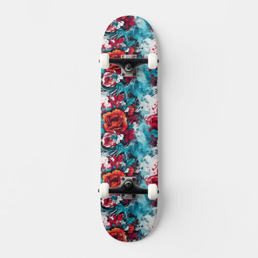 Urban Bloom: Red & Blue Rose Graffiti Skateboard (Vorderseite)