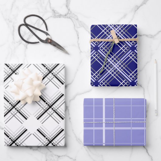 Urban Blue Tartan Muster mit schwarzer Geometrie Geschenkpapier Set (Vorderseite)