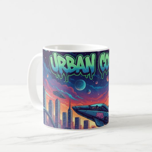Urban Cosmos Graffiti Spaceship Futuristic Neon Kaffeetasse (Vorderseite Links)