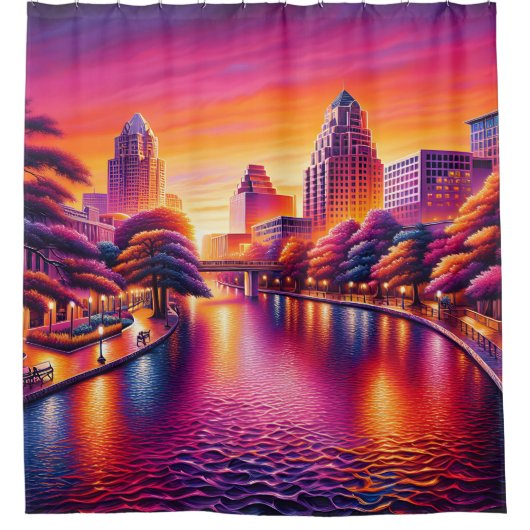 "Urban Dawn: San Antonio Riverwalk" Duschvorhang (Vorderseite)