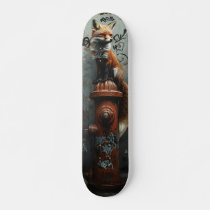 Urban Fox on Fire Hydrant - Gritty Street Art Skateboard