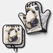 Urban Retro Headphone Vibe Illustration Ofenhandschuh & Topflappen-Set (Vorderseite/Rückseite)