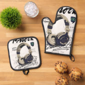 Urban Retro Headphone Vibe Illustration Ofenhandschuh & Topflappen-Set (Oben Unten)