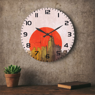 Urban Skyline mit Red Sun Grunge City Große Wanduhr