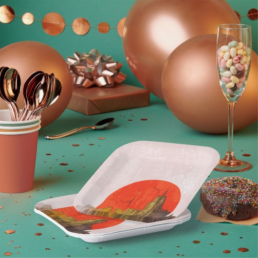 Urban Skyline mit Red Sun Grunge City Pappteller