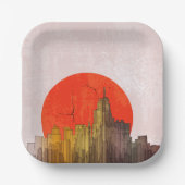 Urban Skyline mit Red Sun Grunge City Pappteller (Vorderseite)
