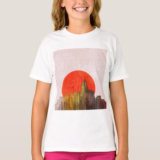 Urban Skyline mit Red Sun Grunge City T-Shirt (Vorderseite)