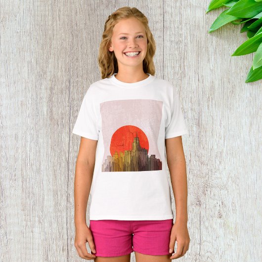 Urban Skyline mit Red Sun Grunge City T-Shirt