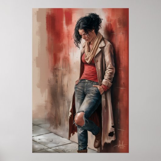Urban Solitude: Figure Against the Red Wall Poster (Vorne)