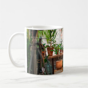 Urbaner Dschungel. Wintergarten mit Pflanze, Blume Kaffeetasse