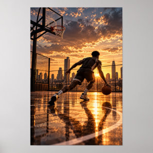 Urbanes Basketball-Dribbling bei Sonnenuntergang – Poster
