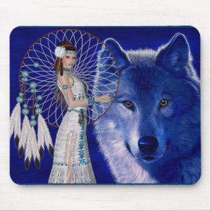 Ureinwohner-Frau u. blauer Wolf-Entwurf Mousepad