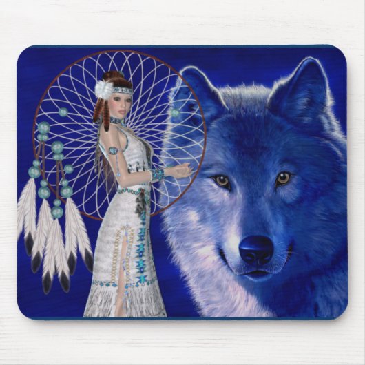 Ureinwohner-Frau u. blauer Wolf-Entwurf Mousepad (Vorne)