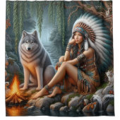 Ureinwohner und Wolf am Bach Duschvorhang (Vorderseite)