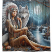 Ureinwohner und Wolf am Bach Duschvorhang (Vorderseite)