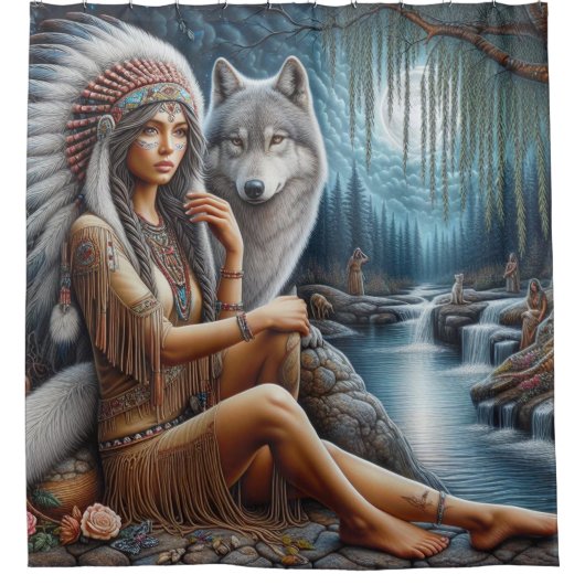 Ureinwohner und Wolf am Bach Duschvorhang (Vorderseite)
