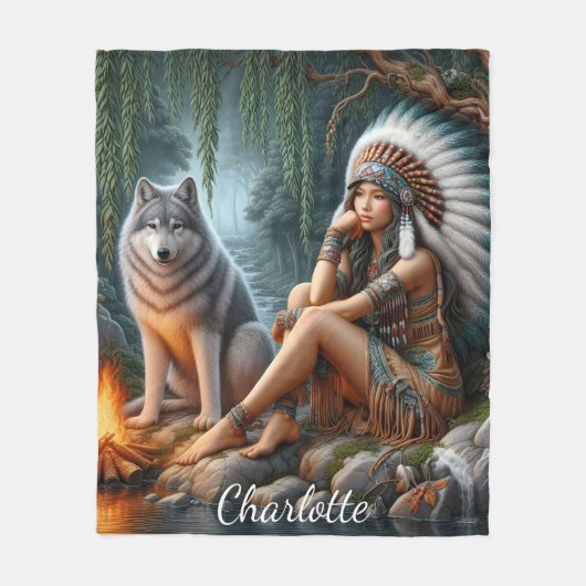 Ureinwohner und Wolf am Bach Fleecedecke (Vorderseite)