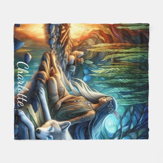 Ureinwohner und Wolf auf dem Wasser Die Szene der  Fleecedecke (Vorderseite (Horizontal))