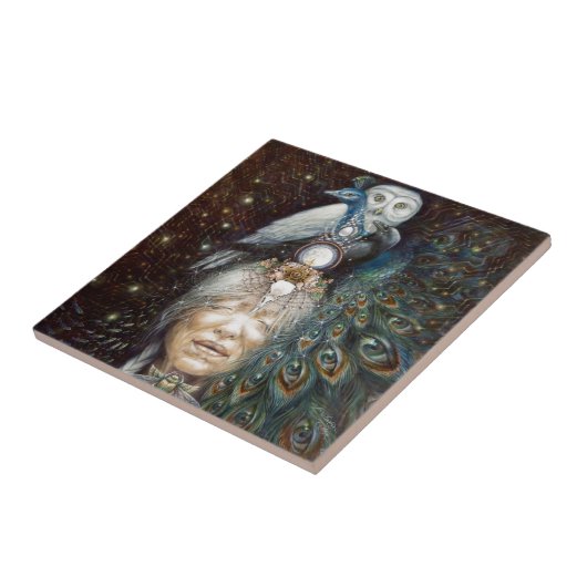 Ureinwohnerfrau mit Eule und Pfau Fliese (Seite)
