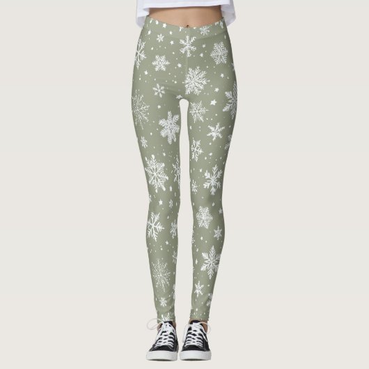 Urlaub Blassgrüne und weiße Schneeflocken Leggings (Vorderseite)