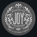URLAUB CHRISTMAS CHALK ART ORNAMENT STICKERS<br><div class="desc">WÜNSCHEN SIE SICH UND GLÜCKLICH: Helle und fröhliche Kalkboard-Stil Weihnachtsschmuck mit Retro-Banner, Vintage Schwarz-Weiß-Typografie und extravagante Wirbel. Personalisieren Sie dieses dekorative ROUND-Label mit Ihrem Familiennamen oder Ihren persönlichen Gruß. Perfekt zum Abdichten von Umschlägen oder als Geschenketiketten. Moderne, klassische, moderne und stilvolle Art und Weise, um angesagte, fröhliche Winterurlaub Wünsche an...</div>