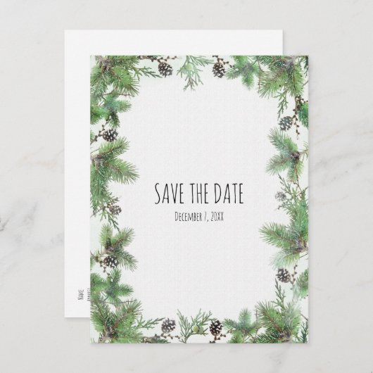 Urlaub Grün & Pine Cones Winter Save the Date Ankündigungspostkarte (Vorne/Hinten)