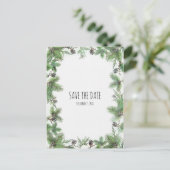 Urlaub Grün & Pine Cones Winter Save the Date Ankündigungspostkarte (Stehend Vorderseite)