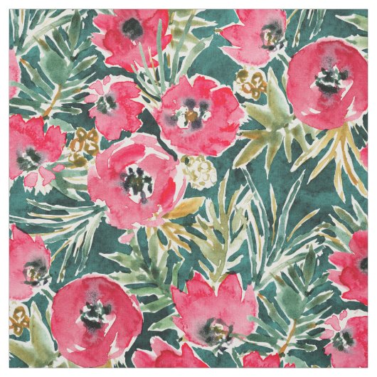 URLAUB POPPIES Red Green Lush Floral Stoff (Muster)