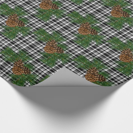Urlaub Schwarz-weiß Kariert mit Kiefernzapfen Deta Geschenkpapier (Ecke)