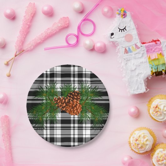 Urlaub Schwarz-weiß Kariert mit Kiefernzapfen Deta Pappteller (Party)