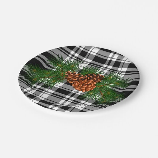 Urlaub Schwarz-weiß Kariert mit Kiefernzapfen Deta Pappteller (Schrägansicht)