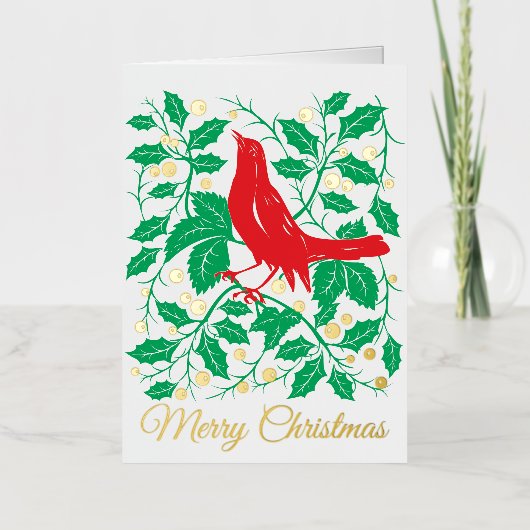 Urlaubskarte Roter Bird & Holly Faltes Foil (Vorderseite)