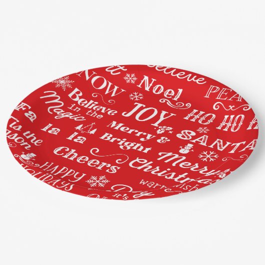 Urlaubskizzen | Weihnachtswörter Rot Pappteller (Schrägansicht)
