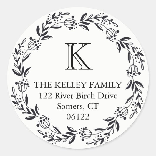 Urlaubskreath Rustic Black Initial Monogram Runder Aufkleber (Vorderseite)