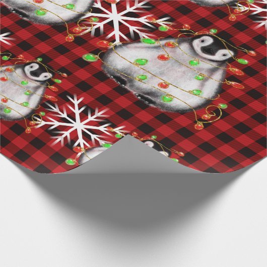 Urlaubspinguin, karierte, blinkende grüne Lichter Geschenkpapier (Ecke)