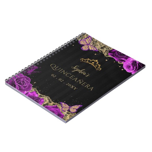 urple Rose Black Gold Lace Quinceñera Gästebuch Notizblock (Linke Seite)