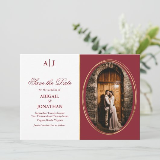 Ursprünge der feierlichen Hochzeit in Rot, Gold un Save The Date (Stehend Vorderseite)